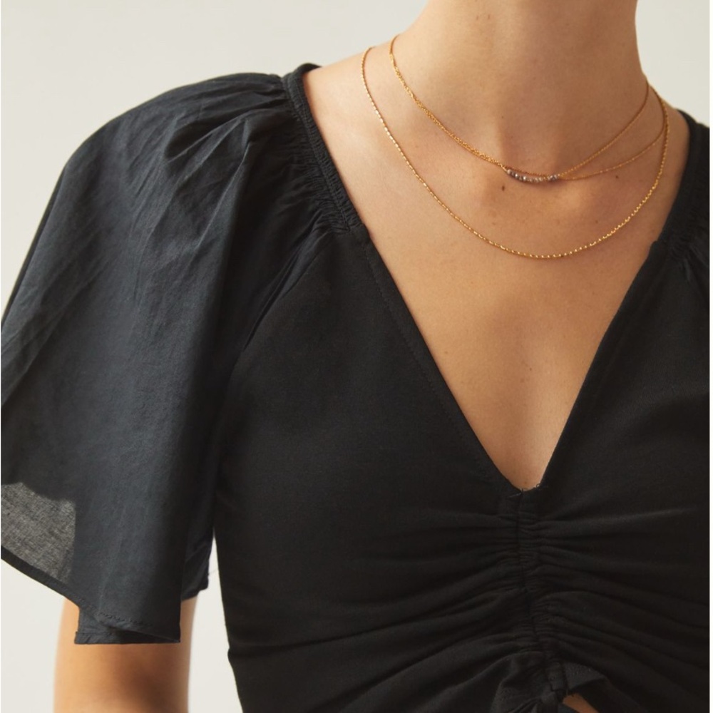 Anthropologie (Maeve) Black Crop Top with Flutter Sleeves and tie cinch - Picture 4 of 6